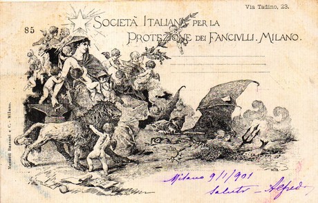 Fig. 4 - Cartolina del 1901 per la societa protezione fanciulli di Milano